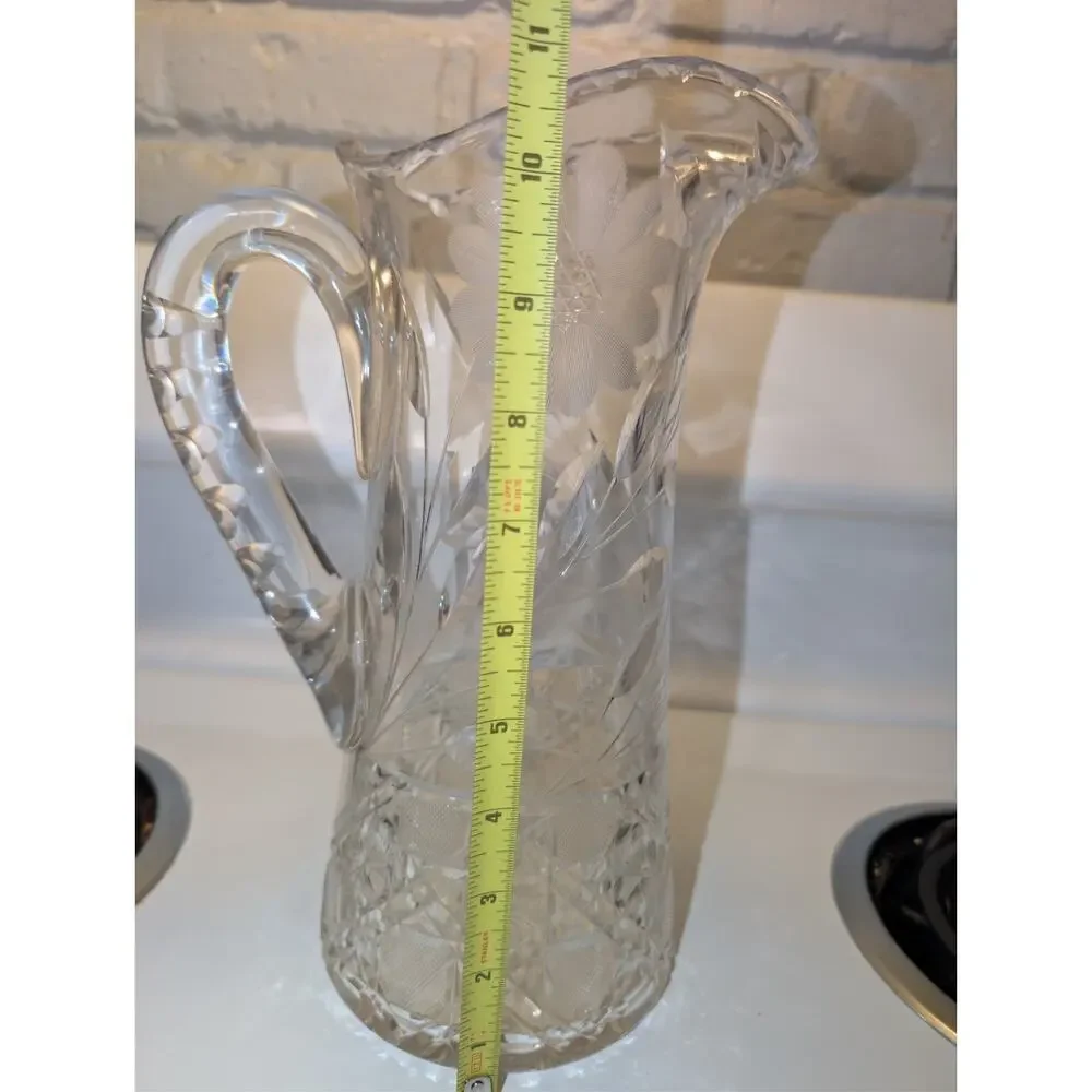 Antique American Brilliant Period Cut Water Pitcher Etched Daisy Diamond 11.5